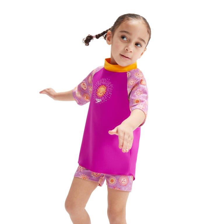 Toddler Girls Short Sleeve Printed Rashie Set Fushcia/Parrot